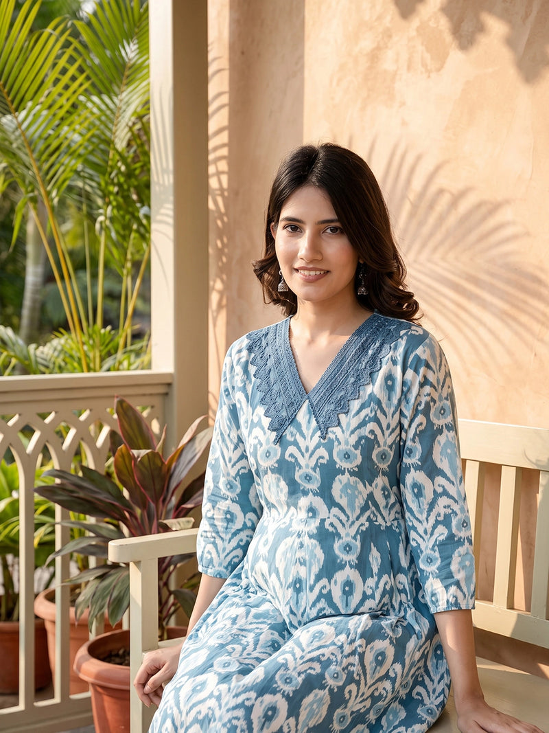 Teal Blue Ikat Print Maternity & Feeding Midi Dress with Concealed Zipper