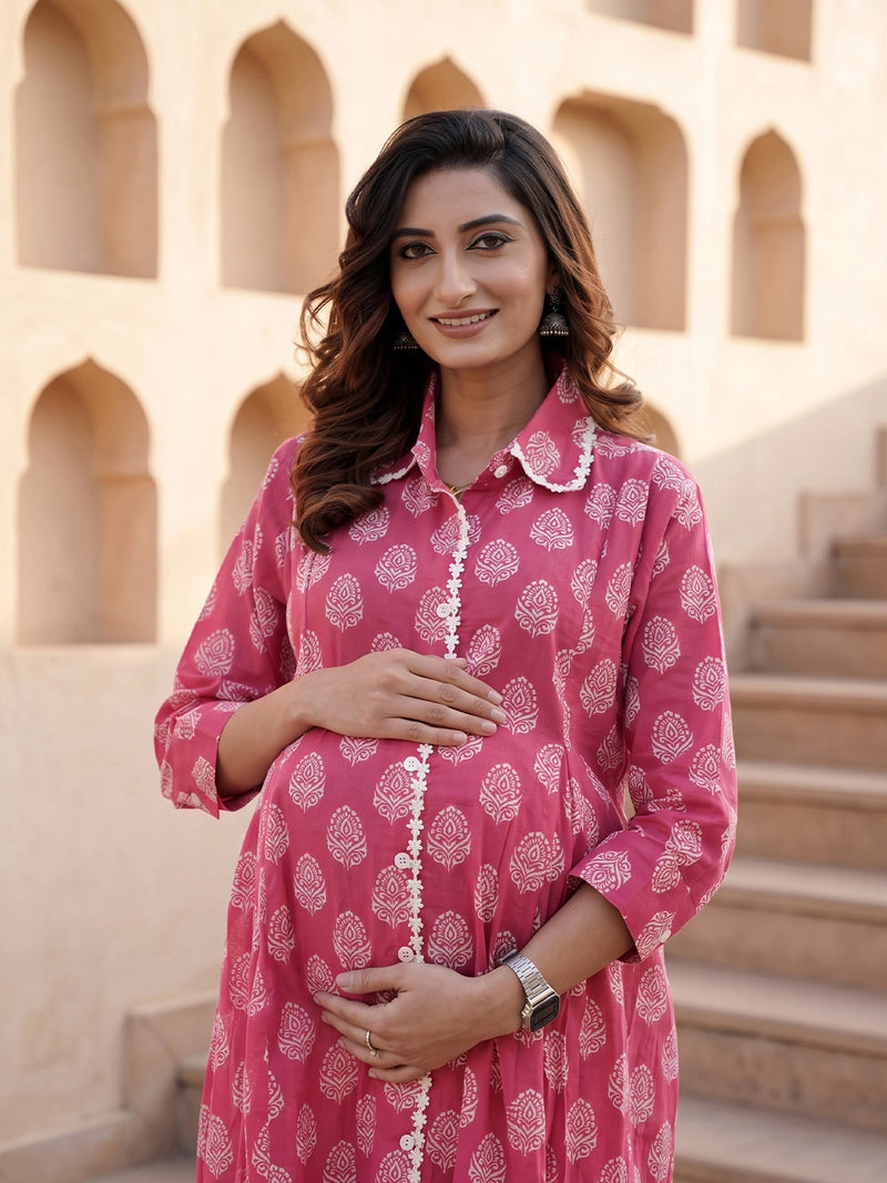 Fuchsia Ethnic Motifs Print Maternity & Nursing Midi Dress
