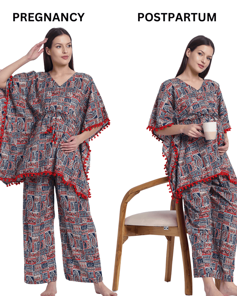 Indigo Red Ethnic Print Maternity Feeding-Friendly Kaftan Night Suit with Concealed Zipper