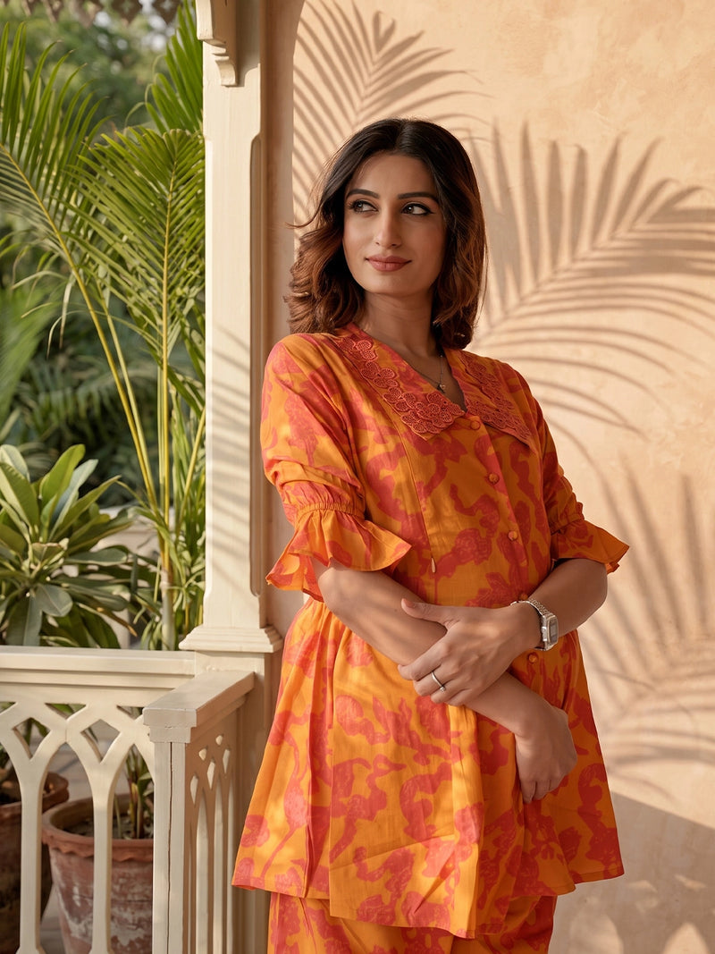 Rust Fuchsia Printed Cotton Maternity Feeding-Friendly Night Suit