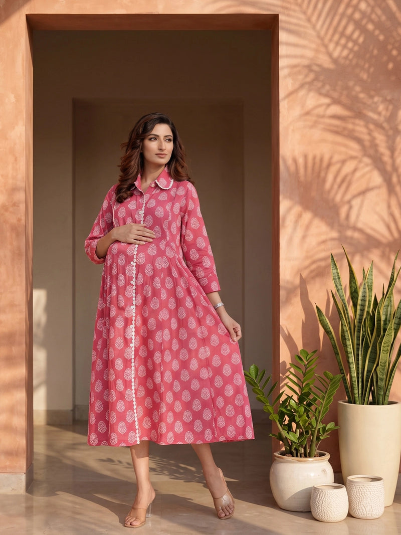Fuchsia Ethnic Motifs Print Maternity & Nursing Midi Dress