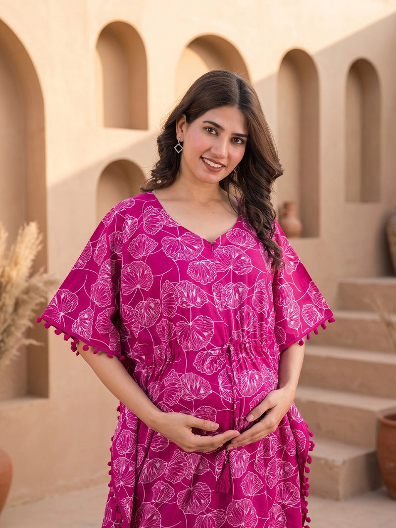 Wine White Floral Print Cotton Maternity Feeding-Friendly Kaftan Dress