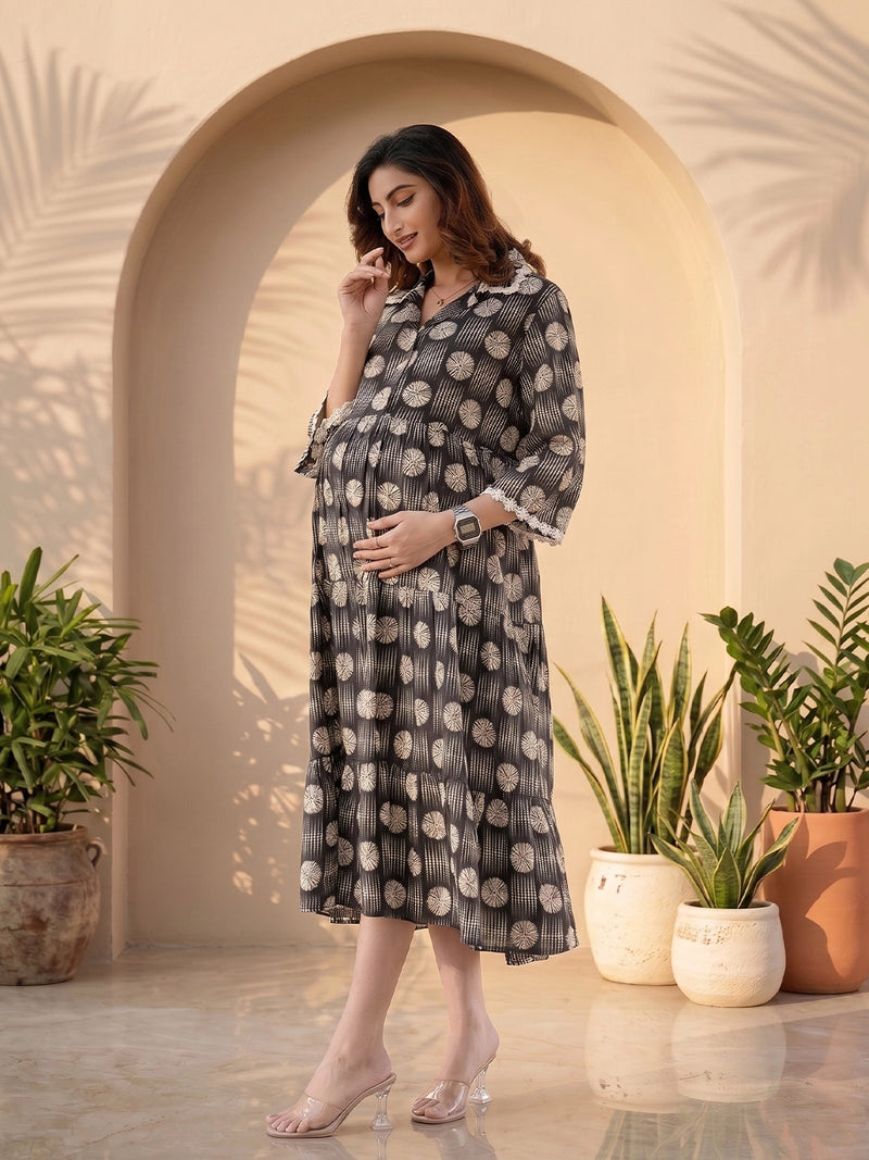 Black White Geometric Motifs Printed Maternity & Feeding Midi Dress
