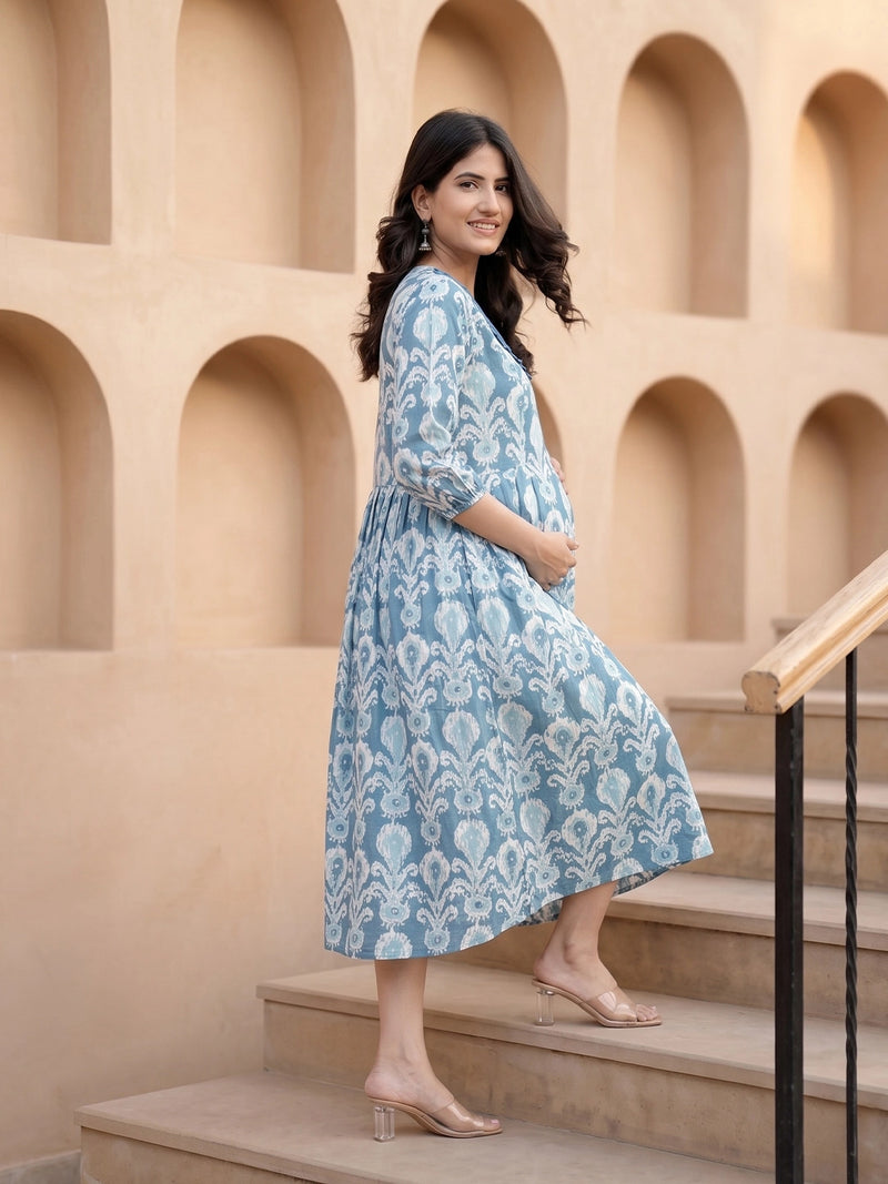 Teal Blue Ikat Print Maternity & Feeding Midi Dress with Concealed Zipper