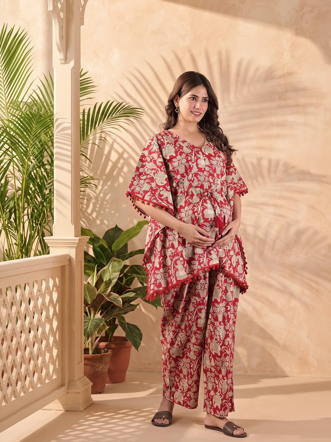 coral-ethnic-print-maternity-feeding-friendly-kaftan-night-suit-with-concealed-zipper