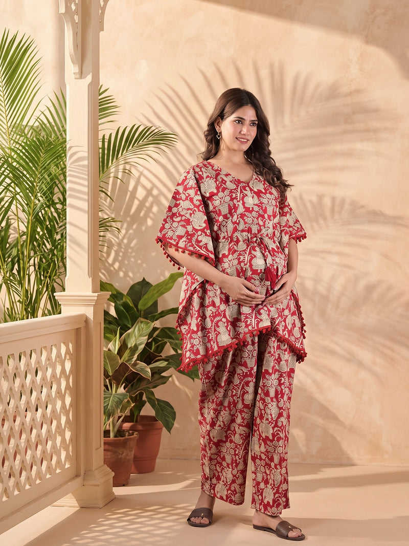 coral-ethnic-print-maternity-feeding-friendly-kaftan-night-suit-with-concealed-zipper