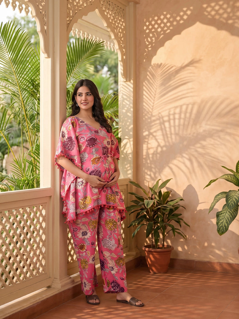pink-multi-floral-printed-maternity-&-feeding-friendly-kaftan-night-suit-with-concealed-zipper