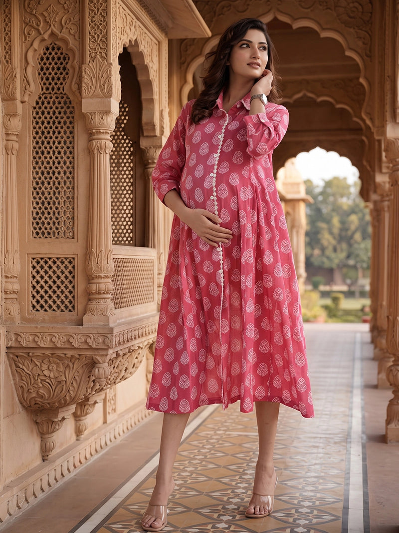 Fuchsia Ethnic Motifs Print Maternity & Nursing Midi Dress