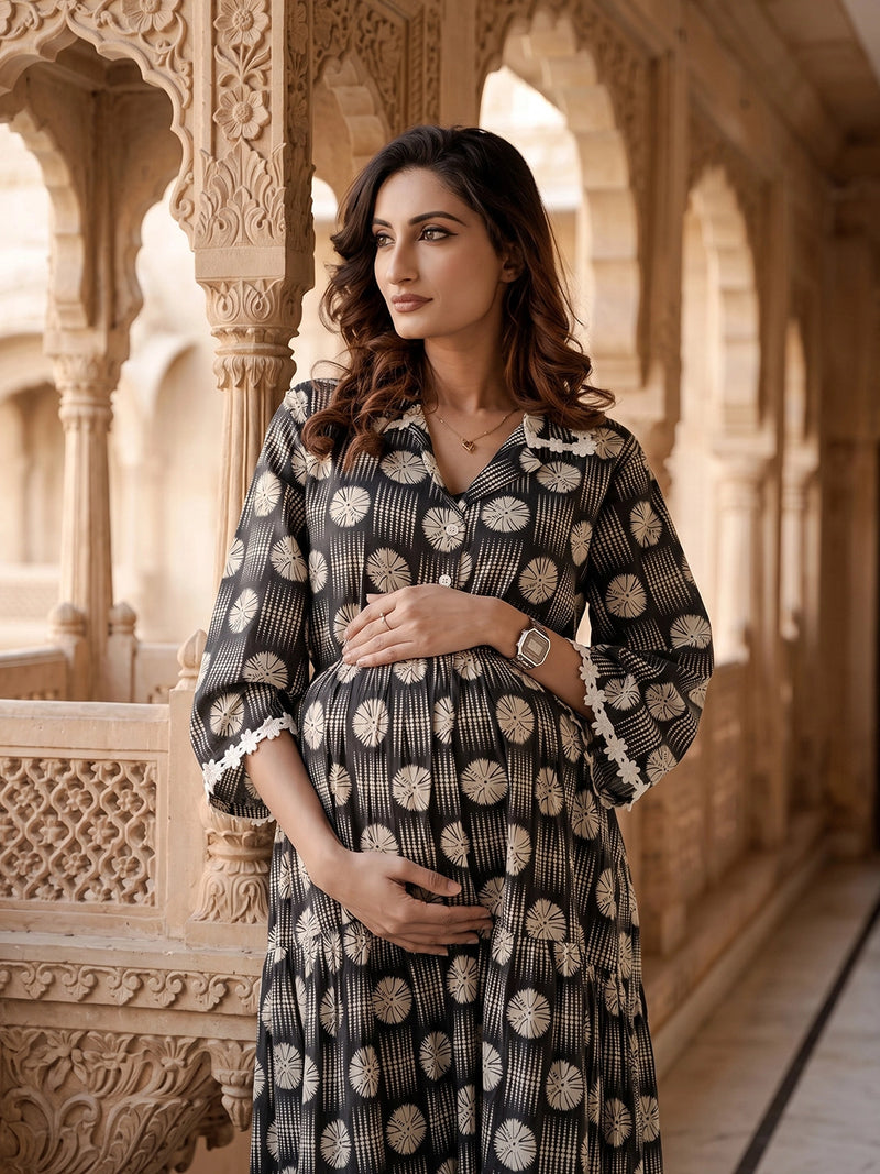 Black White Geometric Motifs Printed Maternity & Feeding Midi Dress