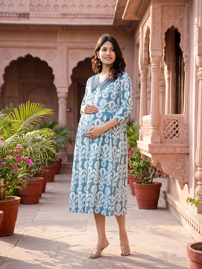 Teal Blue Ikat Print Maternity & Feeding Midi Dress with Concealed Zipper