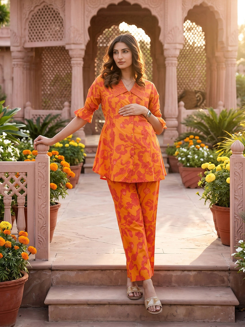 Rust Fuchsia Printed Cotton Maternity Feeding-Friendly Night Suit