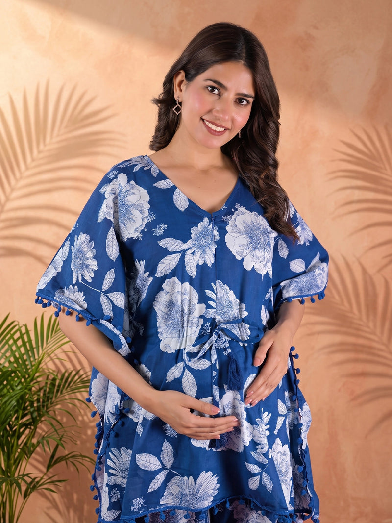 royal-blue-floral-print-maternity-&-feeding-friendly-kaftan-night-suit-with-concealed-zipper