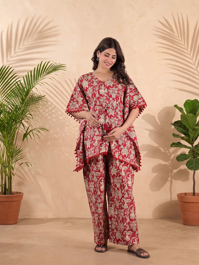 coral-ethnic-print-maternity-feeding-friendly-kaftan-night-suit-with-concealed-zipper