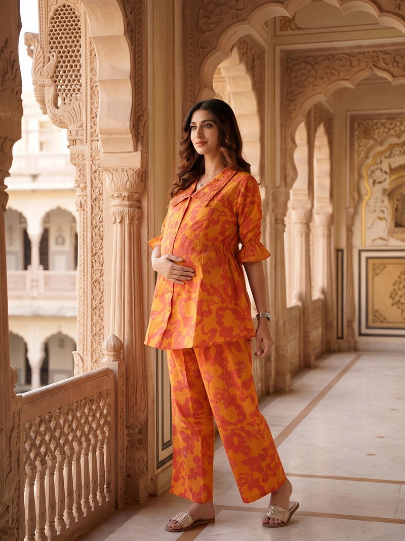 Rust Fuchsia Printed Cotton Maternity Feeding-Friendly Night Suit