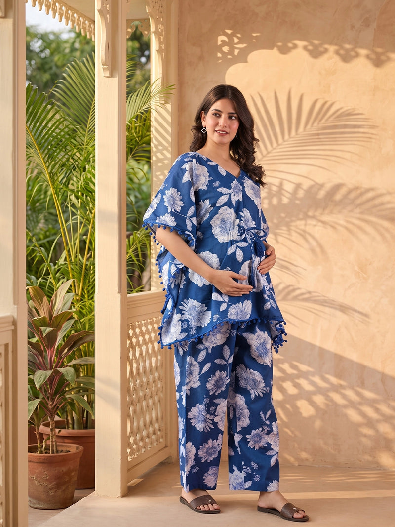 royal-blue-floral-print-maternity-&-feeding-friendly-kaftan-night-suit-with-concealed-zipper