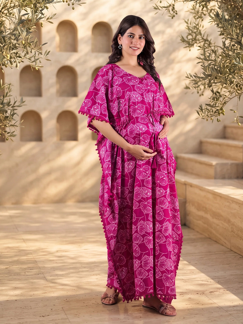Wine White Floral Print Cotton Maternity Feeding-Friendly Kaftan Dress