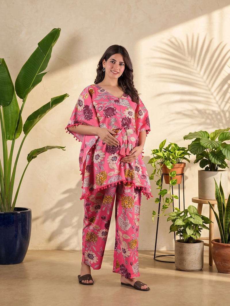 pink-multi-floral-printed-maternity-&-feeding-friendly-kaftan-night-suit-with-concealed-zipper
