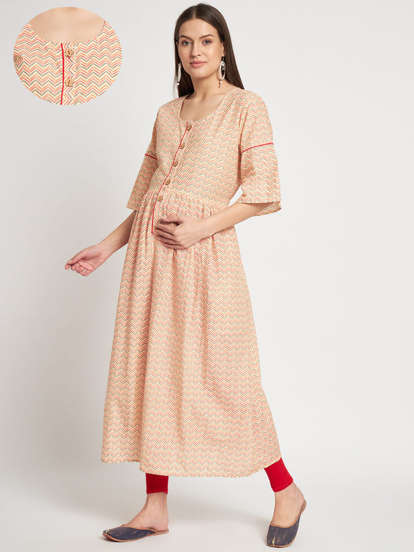 Off White Geometric Print Cotton Maternity & Feeding Flare Kurta