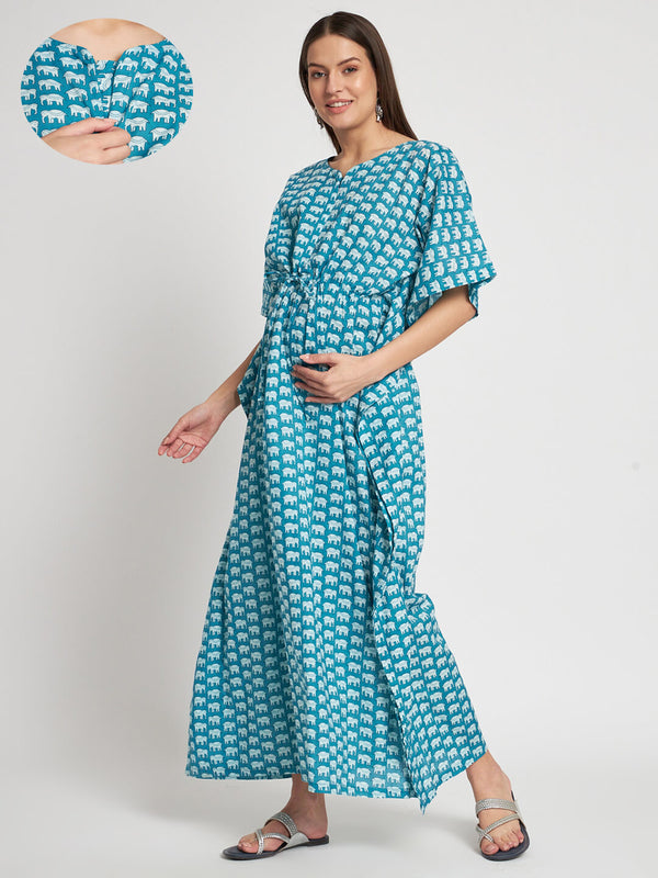 Blue Cotton Animal Print Maternity & Feeding Kaftan Dress with Concealed Zipper