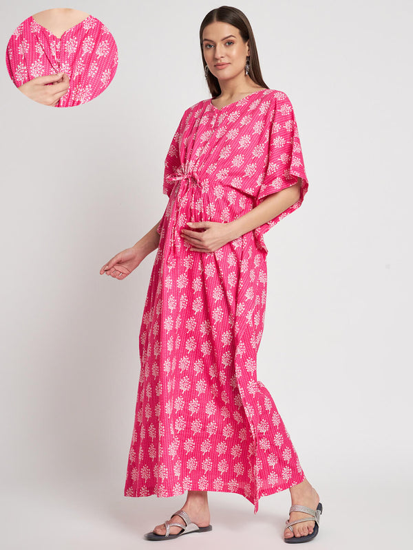 Pink Cotton Ethnic Print Maternity & Feeding Kaftan Dress with Concealed Zipper