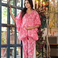 Pink Floral Print Maternity Feeding-Friendly Kaftan Night Suit with Concealed Zipper
