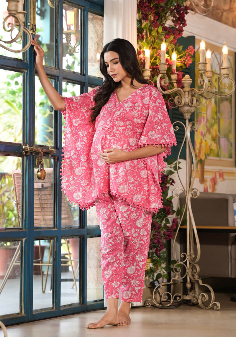Pink Floral Print Maternity Feeding-Friendly Kaftan Night Suit with Concealed Zipper