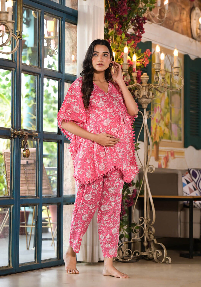 Pink Floral Print Maternity Feeding-Friendly Kaftan Night Suit with Concealed Zipper