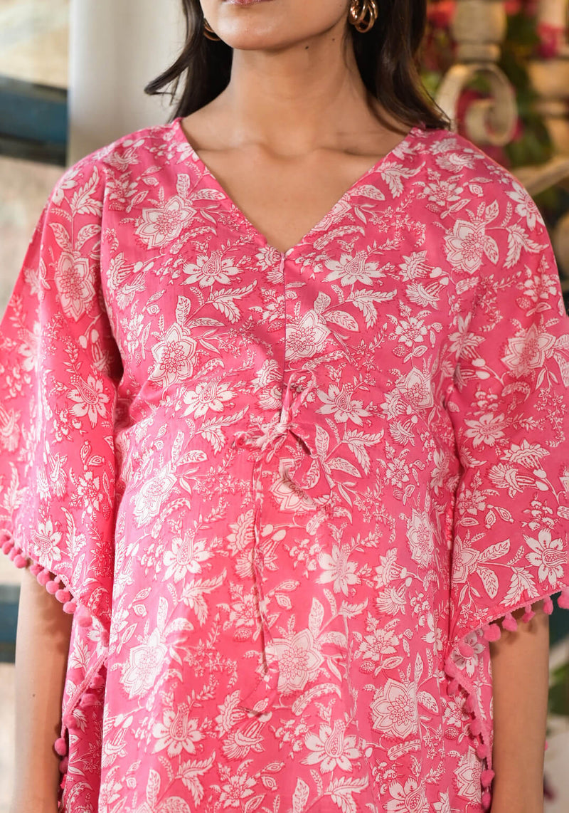 Pink Floral Print Maternity Feeding-Friendly Kaftan Night Suit with Concealed Zipper