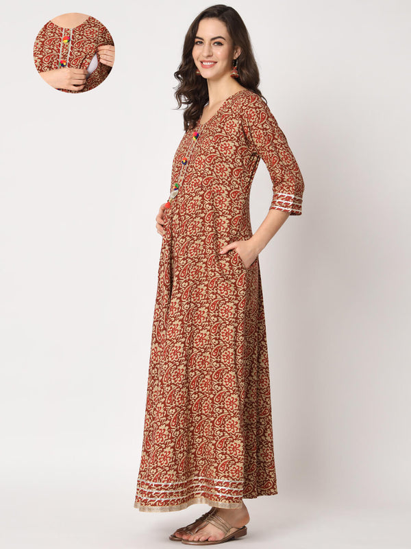 Maroon Beige Ethnic Print Maternity & Feeding Dress with Concealed Zipper