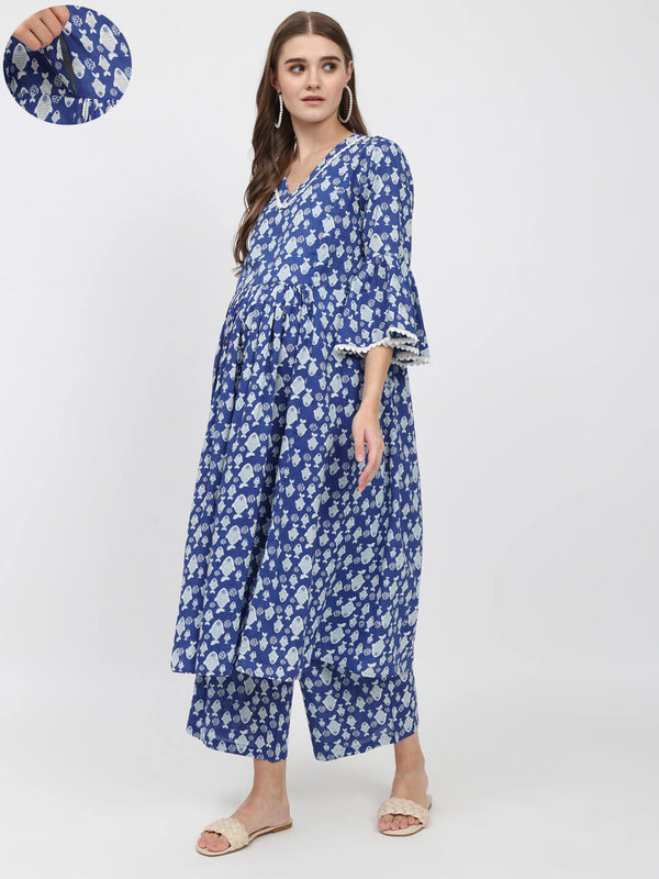 Royal Blue Ethnic Print Cotton Maternity & Feeding Flare Kurta Set with Concealed Zipper