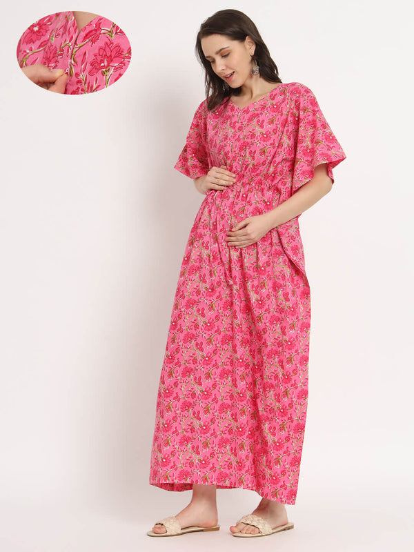 Fuchsia Floral Printed Maternity & Feeding Kaftan Dress with Concealed Zipper