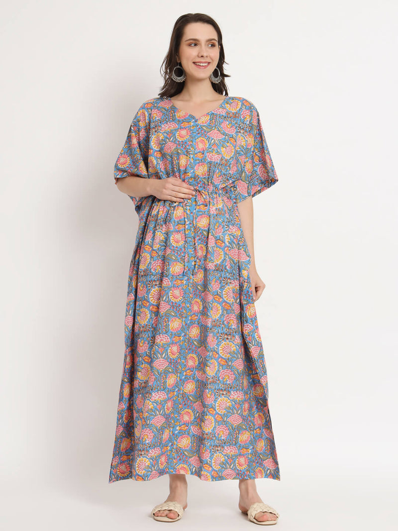 Blue Multi Floral Print Maternity & Feeding Kaftan Dress with Concealed Zipper