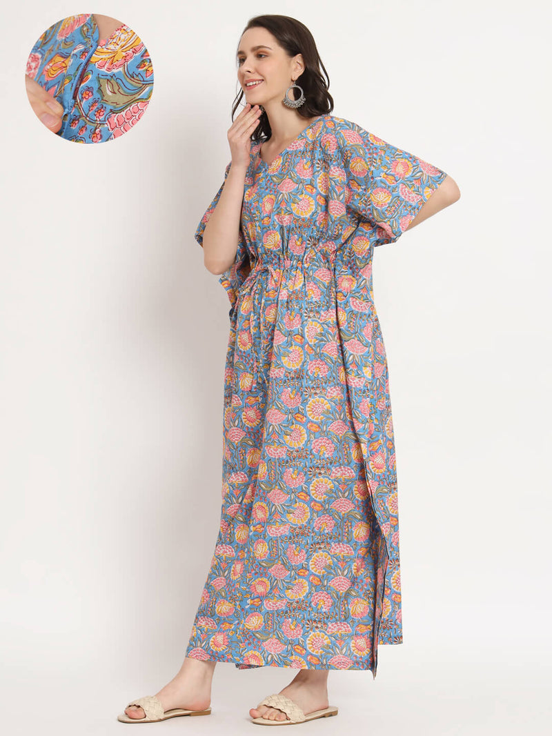 Blue Multi Floral Print Maternity & Feeding Kaftan Dress with Concealed Zipper