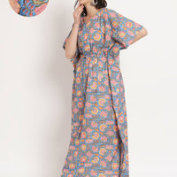 Blue Multi Floral Print Maternity & Feeding Kaftan Dress with Concealed Zipper