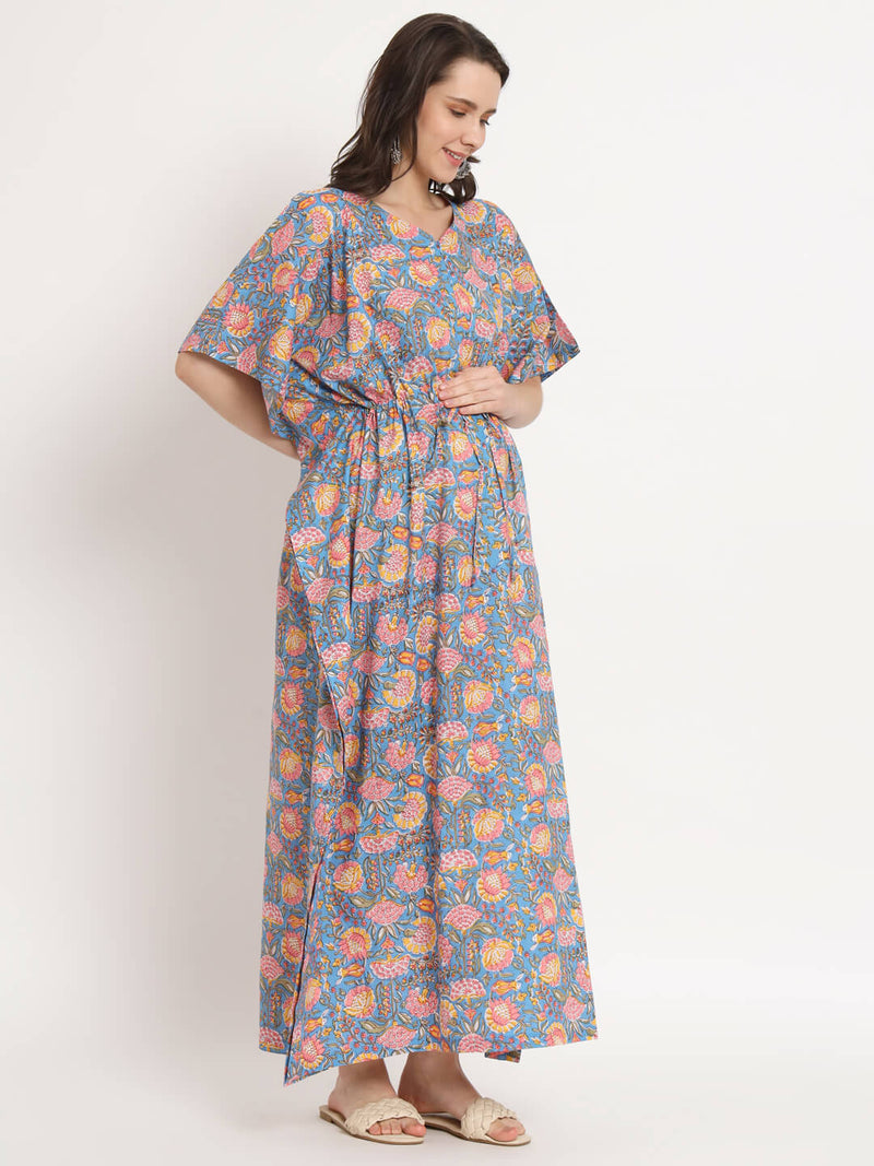 Blue Multi Floral Print Maternity & Feeding Kaftan Dress with Concealed Zipper