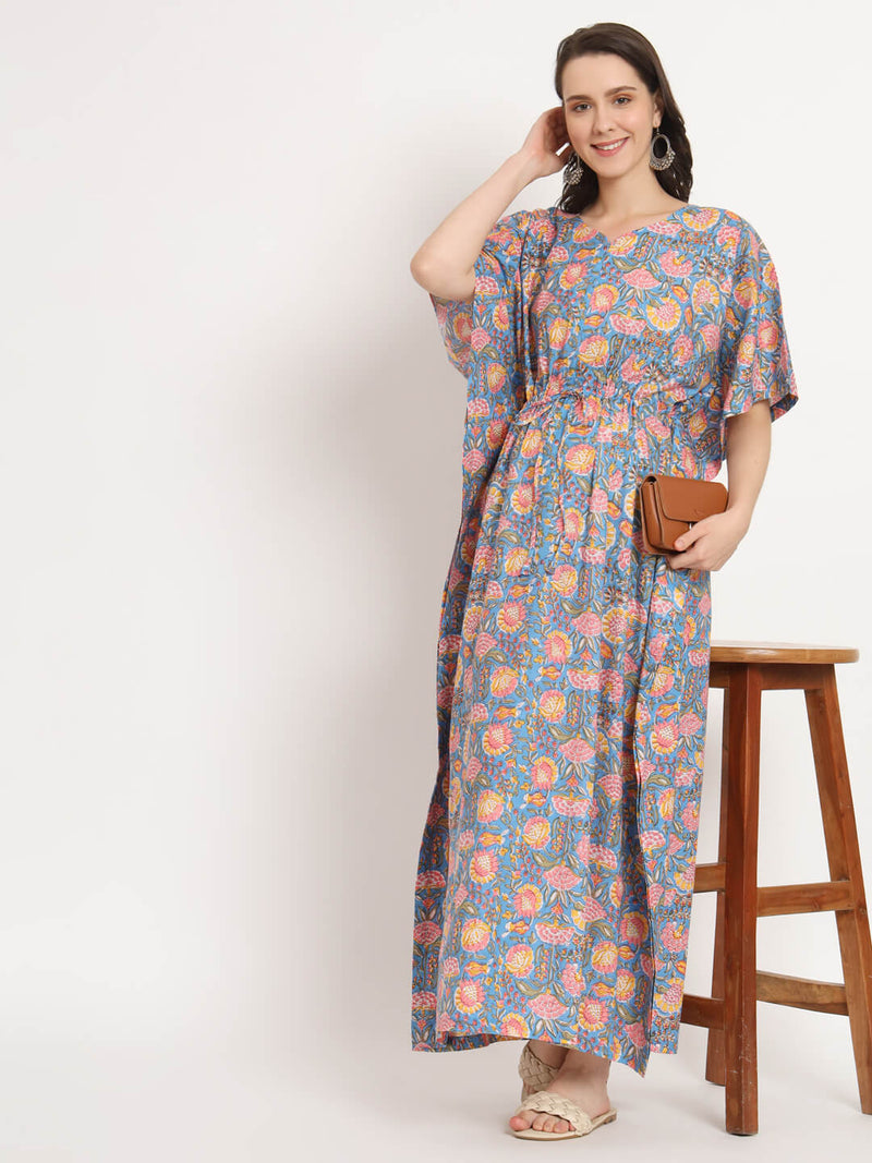 Blue Multi Floral Print Maternity & Feeding Kaftan Dress with Concealed Zipper