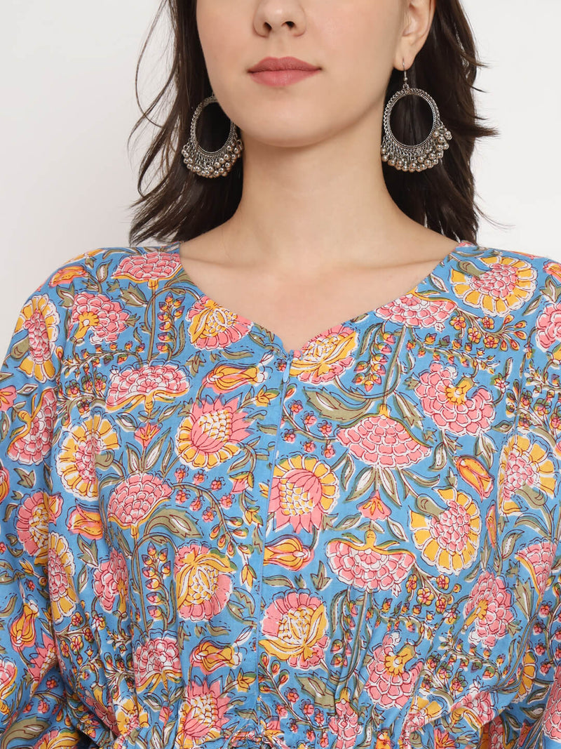 Blue Multi Floral Print Maternity & Feeding Kaftan Dress with Concealed Zipper