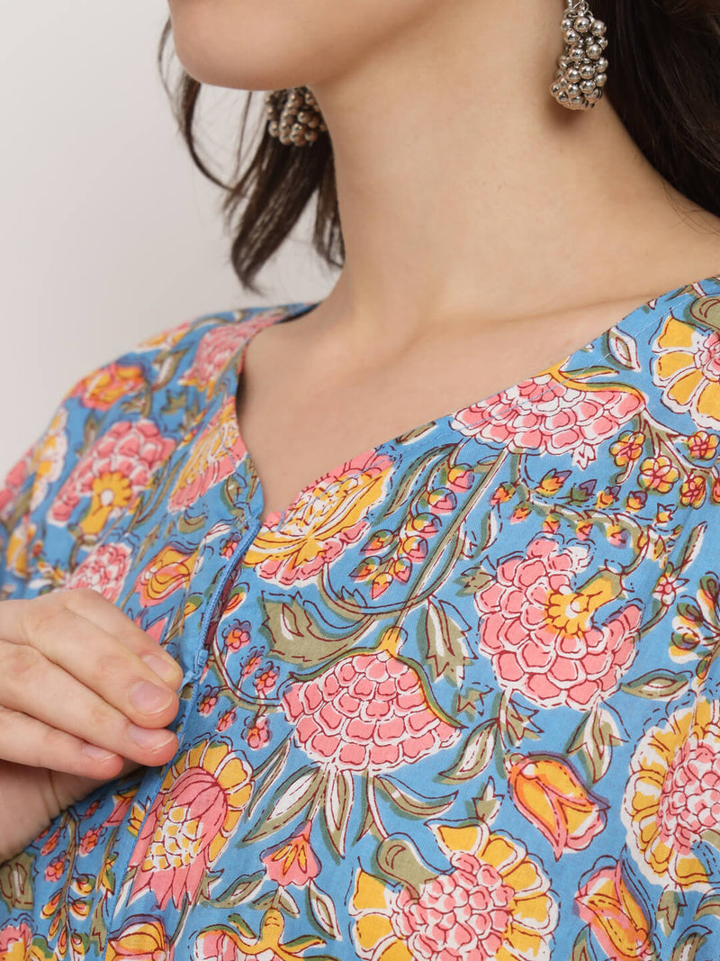 Blue Multi Floral Print Maternity & Feeding Kaftan Dress with Concealed Zipper