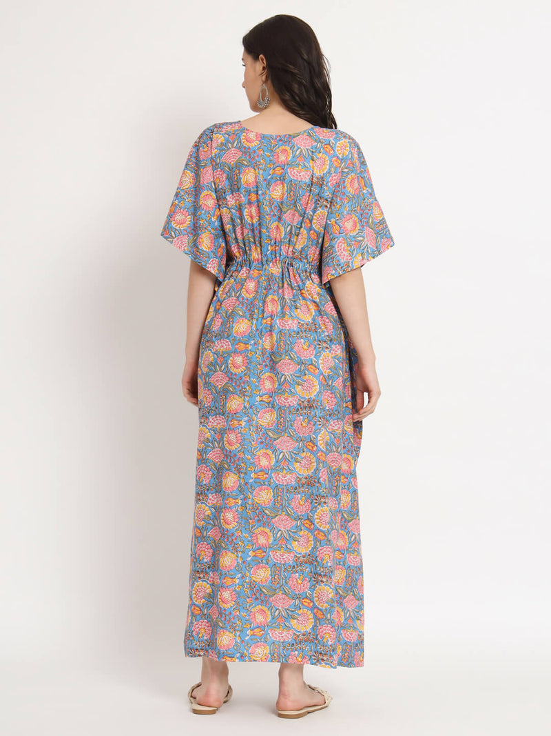 Blue Multi Floral Print Maternity & Feeding Kaftan Dress with Concealed Zipper