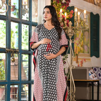 Black Ethnic Print Maternity & Feeding Kaftan Dress with Concealed Zipper
