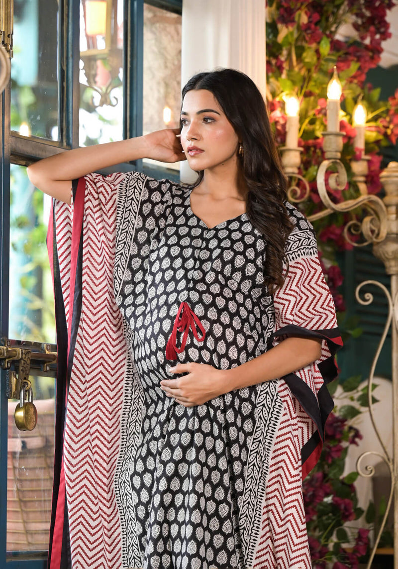 Black Ethnic Print Maternity & Feeding Kaftan Dress with Concealed Zipper