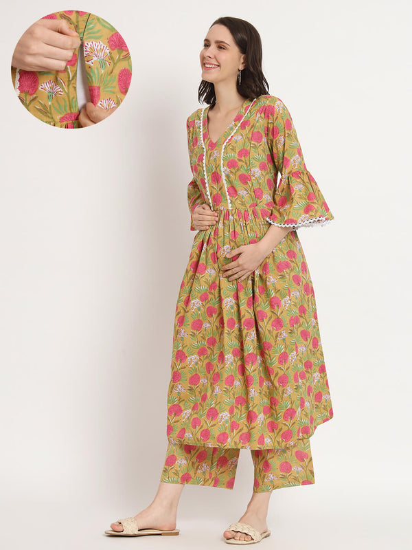Mustard Multi Floral Print Cotton Maternity & Feeding Flare Kurta Set with Concealed Zipper