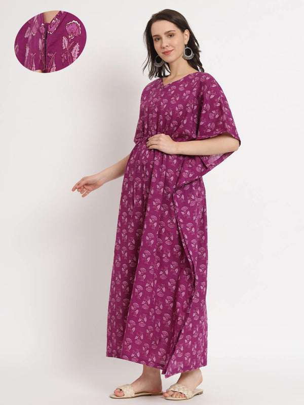 Purple Ethnic Print Maternity & Feeding Kaftan Dress with Concealed Zipper