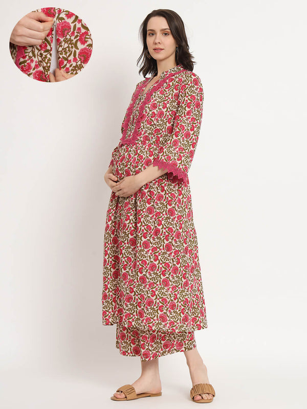 Off White Fuchsia Floral Print Cotton Maternity & Feeding Flare Kurta Set with Concealed Zipper