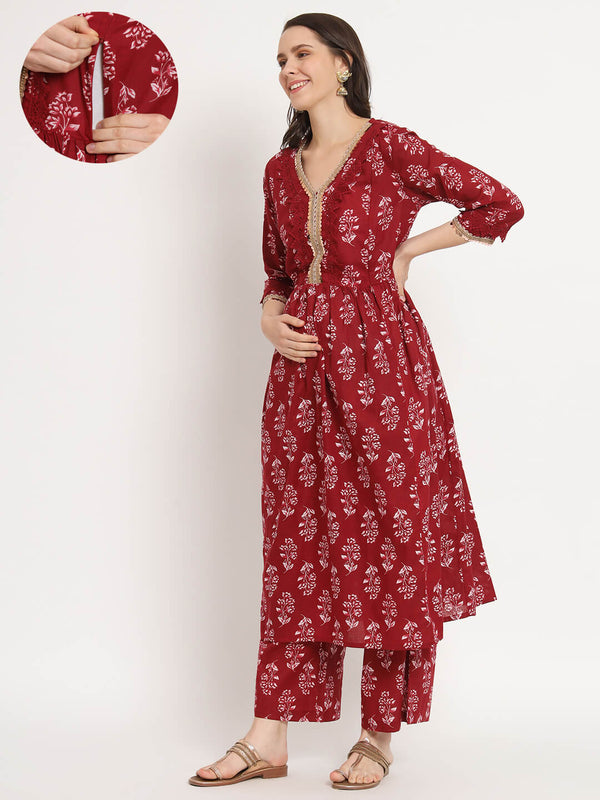 Burgundy Floral Print Cotton Maternity & Feeding Flare Kurta Set with Concealed Zipper