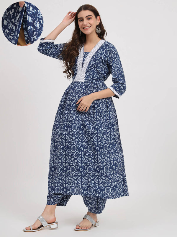 Indigo White Ethnic Print Cotton Maternity & Feeding Flare Kurta Set with Concealed Zipper