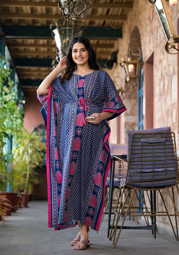 Indigo Multi Ethnic Motifs Printed Maternity & Feeding Kaftan Dress with Concealed Zipper