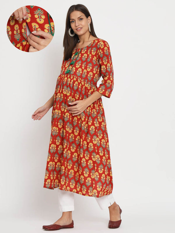 Red Green Floral Print Cotton Maternity & Feeding Flare Kurta with Concealed Zipper