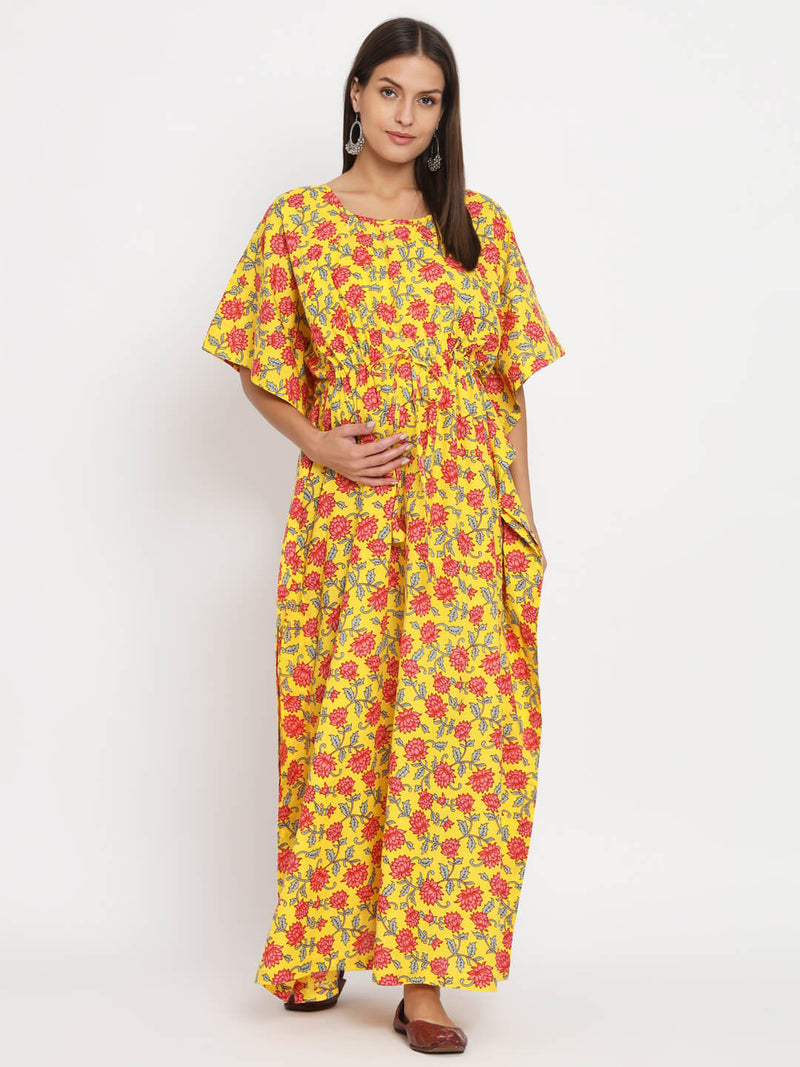 Yellow Multi Floral Printed Maternity Feeding-Friendly Kaftan Dress with Concealed Zipper