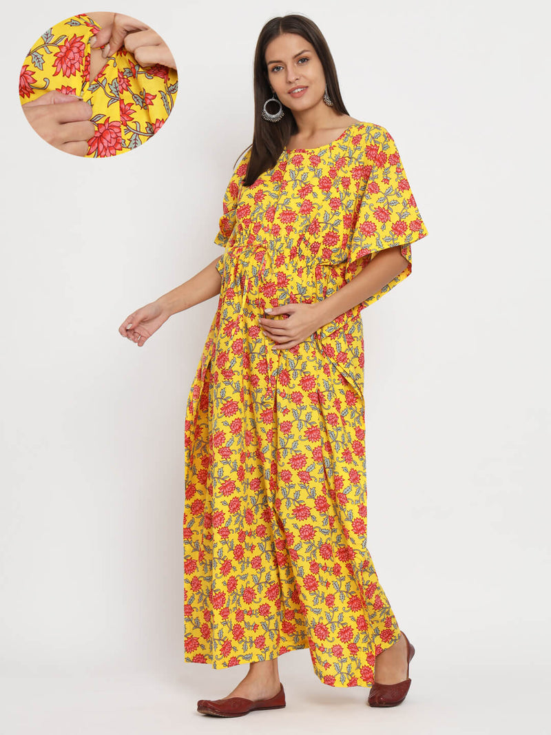 Yellow Multi Floral Printed Maternity Feeding-Friendly Kaftan Dress with Concealed Zipper